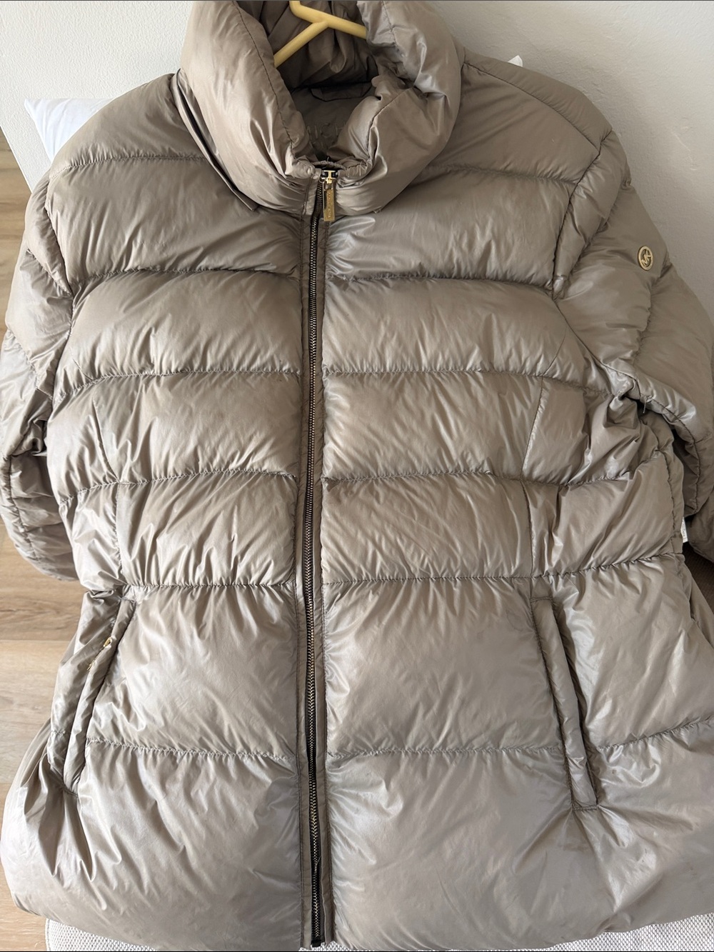 Michael Kors Women's Taupe Puffer Jacket with High Collar